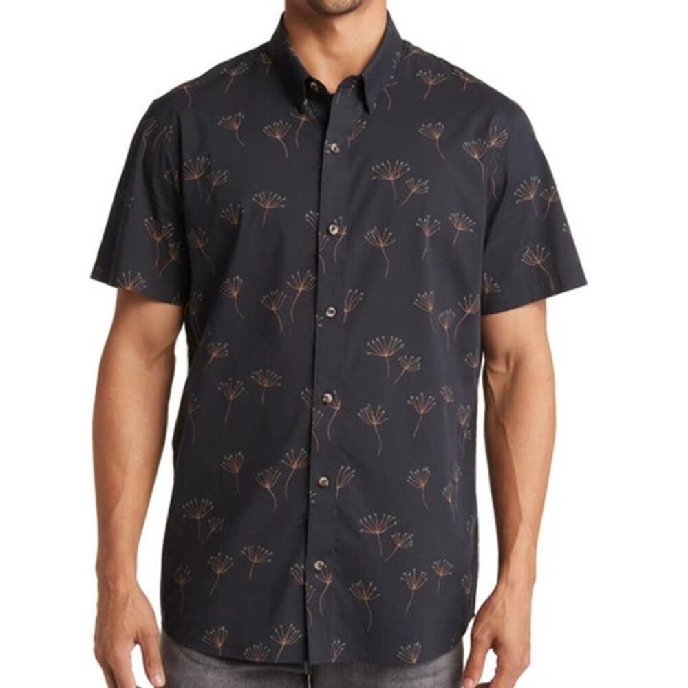 Travis Mathew Mens Dandelion Print Button Down Shirt Lg Black Orange